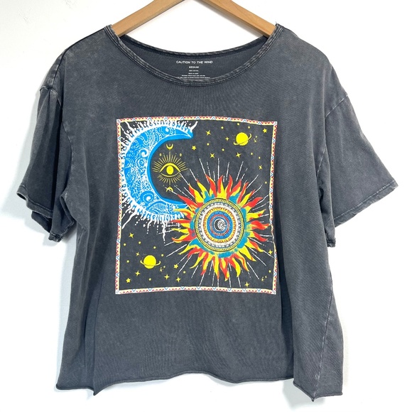 Caution To The Wind Tops - Caution to the Wind Gray Celestial Sun Moon Short Sleeve T Shirt